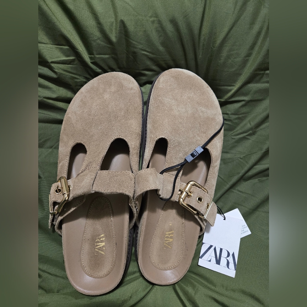 Zara Suede Buckle Slip On Clogs Shoes Women's Size 10 Tan